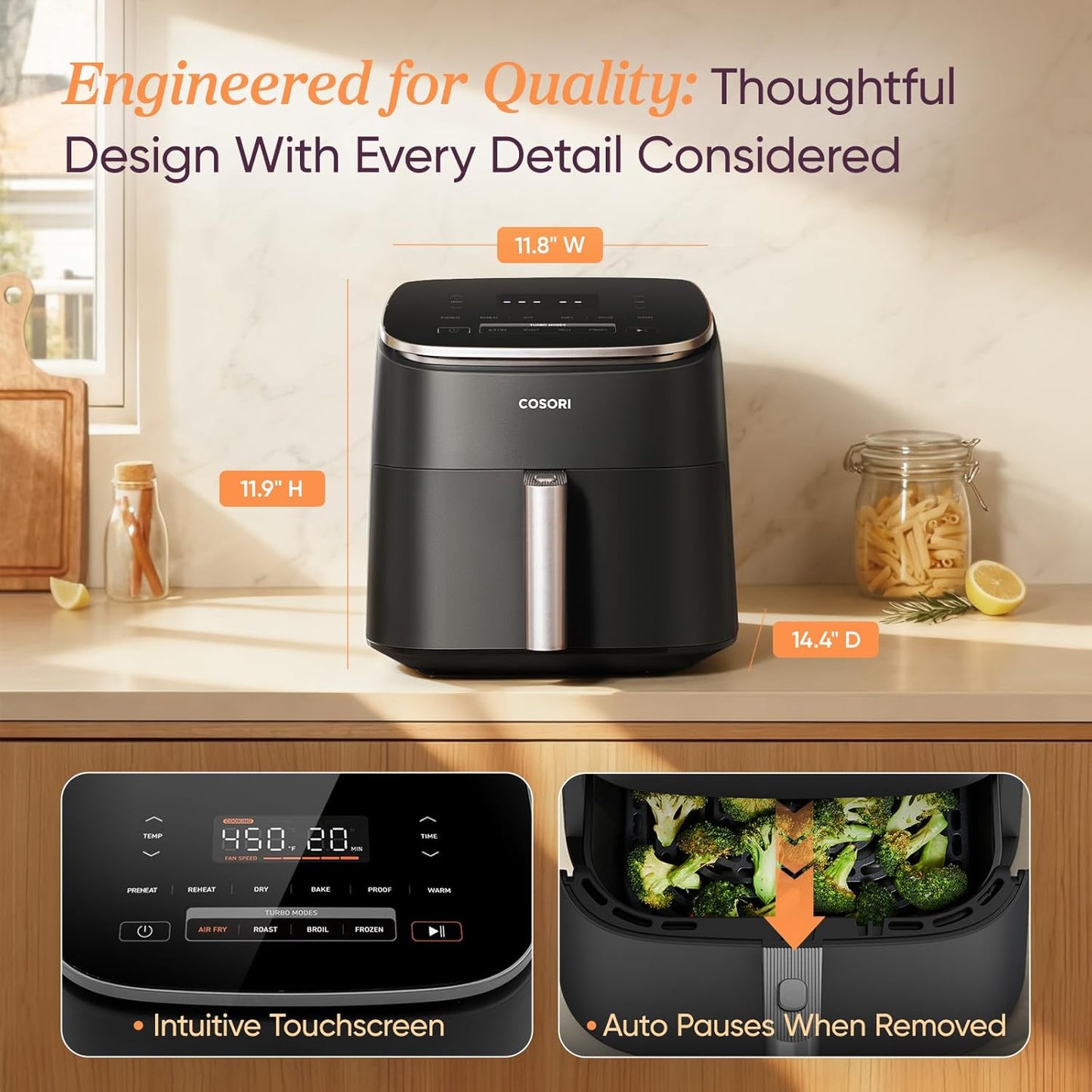 9-In-1 Turboblaze Air Fryer 6 Qt, Pfas-Free Ceramic Coating, 90°–450°F, Precise Heating for Even Results, Air Fry, Roast, Bake, Broil, Dry, Frozen, Proof, Reheat, Keep Warm, 120V, Dark Gray