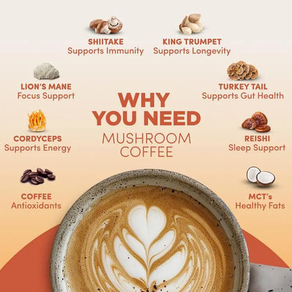 Mushroom Coffee USDA Organic with 6 Adaptogenic Mushrooms and MCT Oil, USA Grown Instant Coffee for Better Energy, Focus, Digestion, Immunity with Turkey Tail, Shiitake