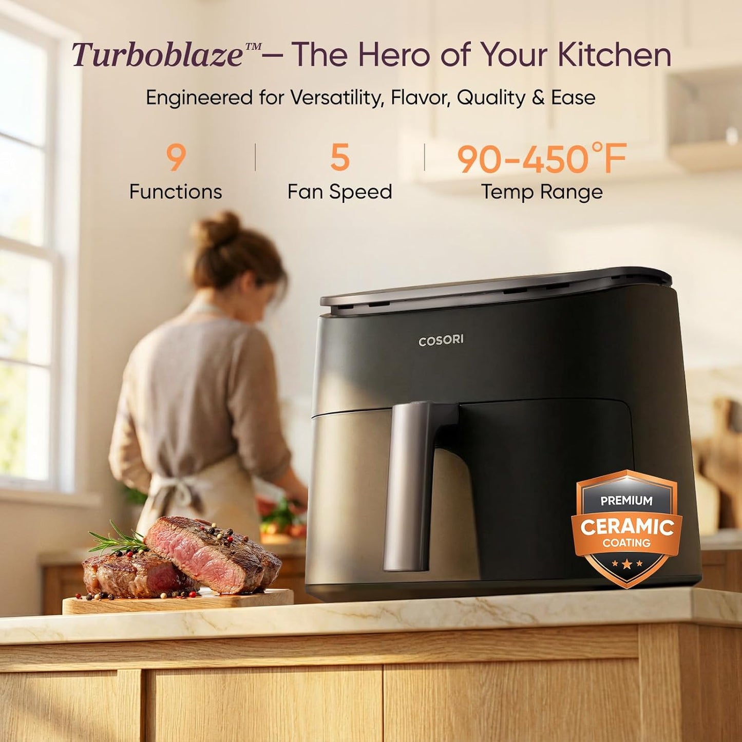 9-In-1 Turboblaze Air Fryer 6 Qt, Pfas-Free Ceramic Coating, 90°–450°F, Precise Heating for Even Results, Air Fry, Roast, Bake, Broil, Dry, Frozen, Proof, Reheat, Keep Warm, 120V, Dark Gray