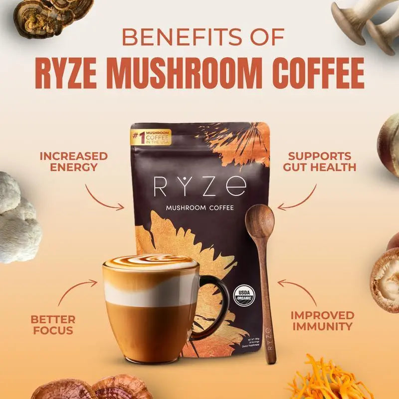 Mushroom Coffee USDA Organic with 6 Adaptogenic Mushrooms and MCT Oil, USA Grown Instant Coffee for Better Energy, Focus, Digestion, Immunity with Turkey Tail, Shiitake