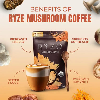 Mushroom Coffee USDA Organic with 6 Adaptogenic Mushrooms and MCT Oil, USA Grown Instant Coffee for Better Energy, Focus, Digestion, Immunity with Turkey Tail, Shiitake