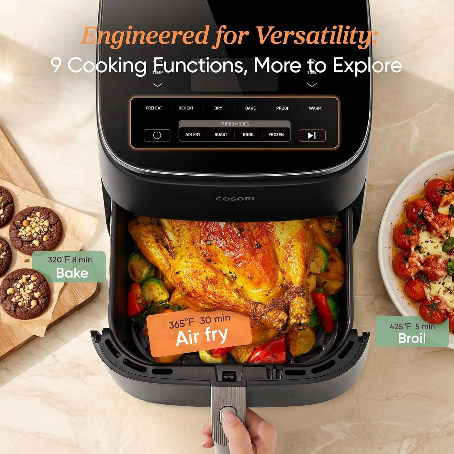 9-In-1 Turboblaze Air Fryer 6 Qt, Pfas-Free Ceramic Coating, 90°–450°F, Precise Heating for Even Results, Air Fry, Roast, Bake, Broil, Dry, Frozen, Proof, Reheat, Keep Warm, 120V, Dark Gray